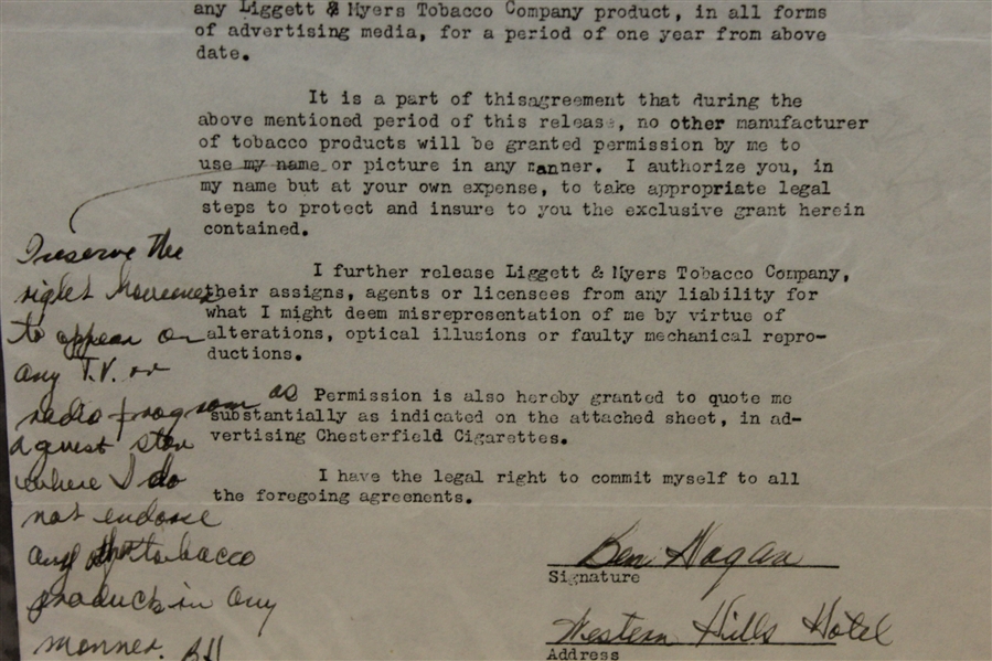 Ben Hogan Signed June 17, 1953 Chesterfield Cigarette Original Contract W/Handwritten Amendment - Framed JSA ALOA