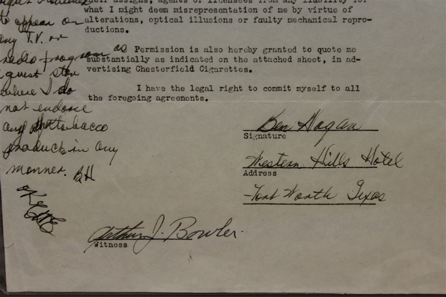 Ben Hogan Signed June 17, 1953 Chesterfield Cigarette Original Contract W/Handwritten Amendment - Framed JSA ALOA