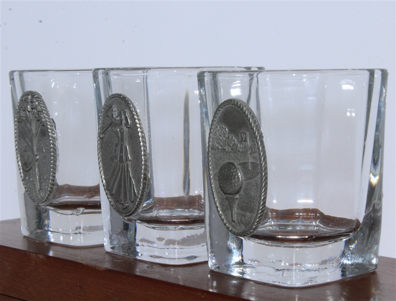 Three Pewter Emblem Glass Golf Shot Glasses in Original Wood Box