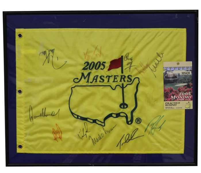 Multi-Signed 2005 Masters Embroidered Flag - 8 Major Winners - Framed JSA ALOA