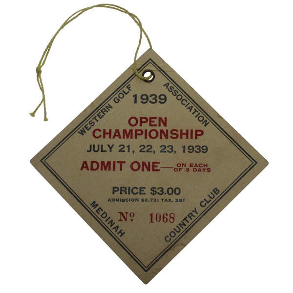 1939 Western Golf Association Open at Medinah CC Pass #1068 - Byron Nelson Win