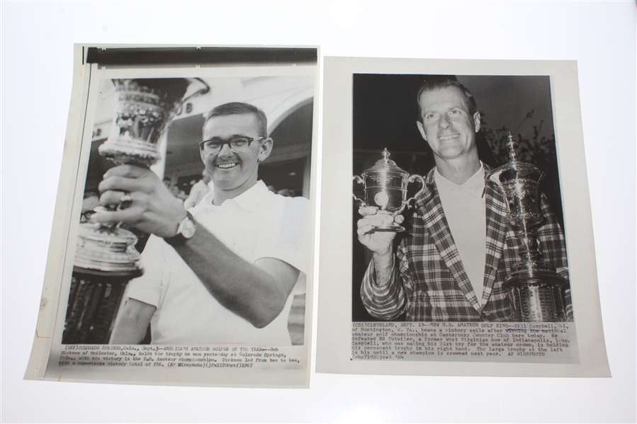 Eight U.S.G.A. Amateur Champs with Trophies Wire Photos - 1938, 41, 50, 60, 62-64, & 67