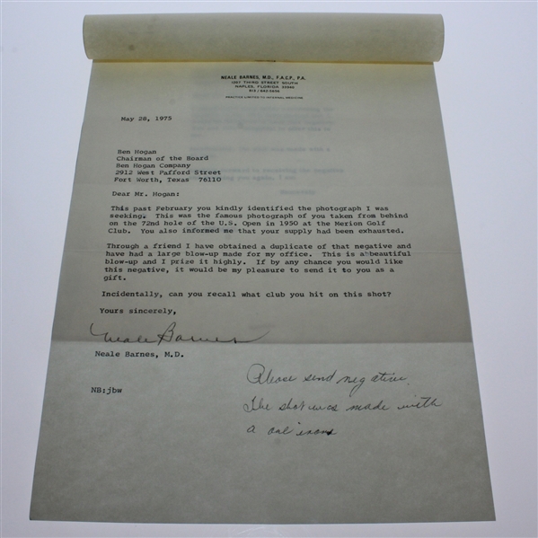 Ben Hogan's Response The Shot Was Made With A One Iron & Crystal Clear Negative From 1950 U.S. Open JSA ALOA