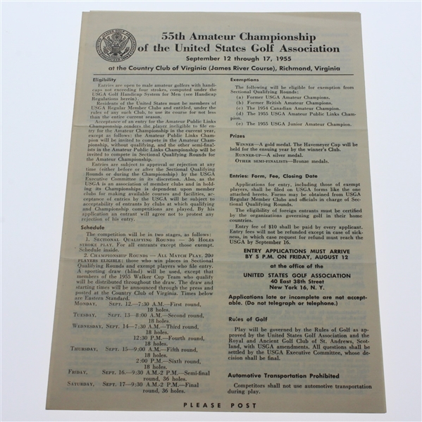 1955 US Amateur Program, Ticket, Scorecard, Entry Form, & Harvie Ward Signed 3x5 JSA ALOA