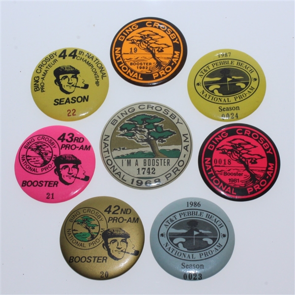 Eight Bing Crosby National Pro-Am Booster & Season Buttons - Roth Collection