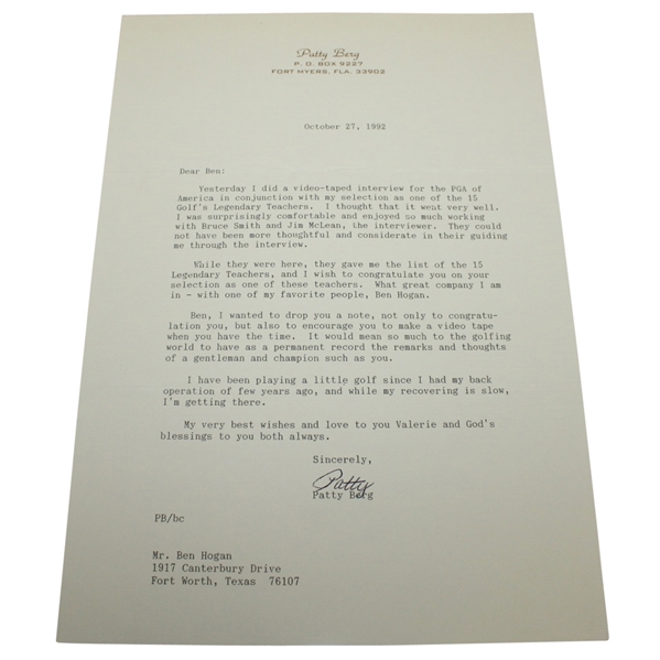 1992 Patty Berg Signed Letter to Ben Hogan JSA ALOA