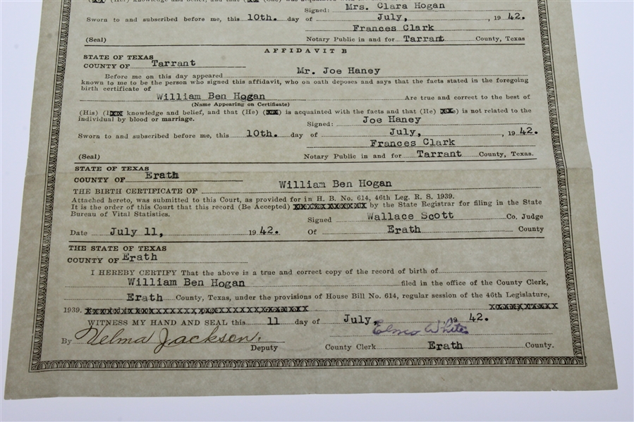 Ben Hogan's Personal 1942 Texas Dept. of Health Record of Birth (Birth Certificate 8/13/1912)