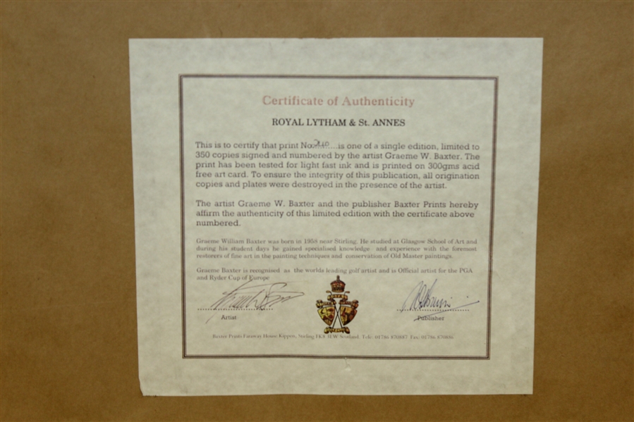 Tom Lehman Signed Ltd Ed #240/350 Baxter Royal Lytham & St Annes Print JSA ALOA - Framed