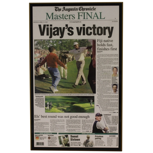 April 10, 2000 Augusta Chronicle Front Page Plaque - Vijay Singh Win