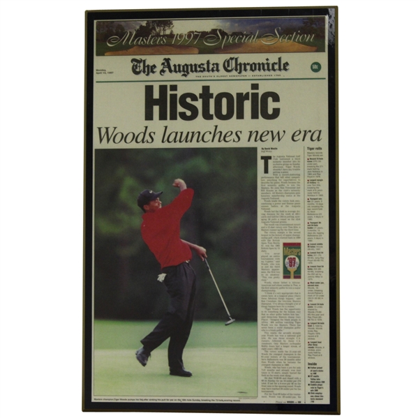 April 14, 1997 Augusta Chronicle Front Page Plaque - Tiger Woods Win