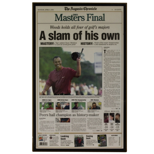 April 9, 2001 Augusta Chronicle Front Page Plaque - Tiger Woods Win