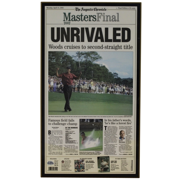 April 15, 2002 Augusta Chronicle Front Page Plaque - Tiger Woods Win
