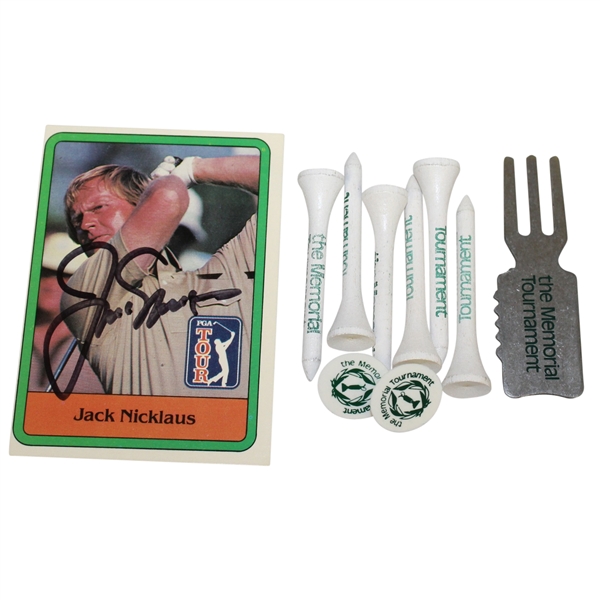 Jack Nicklaus Signed 1980 PGA Tour Card and Memorial Tournament Tees, Ballmarks, and Divot Tool JSA ALOA