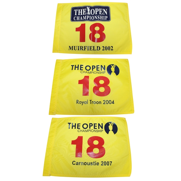 2002, 2004, & 2007 Open Championship Flags - Muirfield, Royal Troon, & Carnoustie