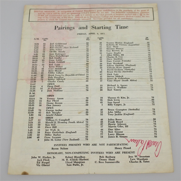 Arnold Palmer Signed 1971 Masters Friday Pairing Sheet JSA ALOA