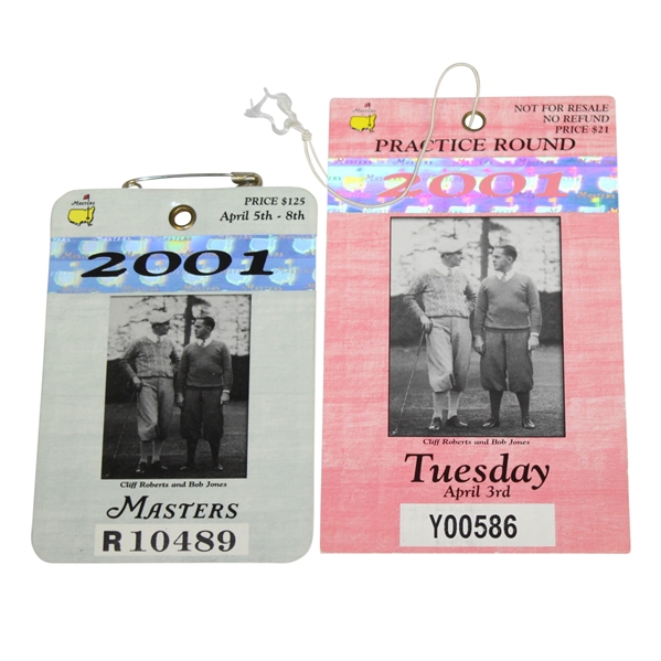 2001 Masters Tournament Badge #R10489 with Tuesday Ticket #Y00586 - Tiger Woods Winner
