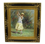 Vintage Impression Female Golfer Pre-Swing Oil on Canvas Painting - Framed