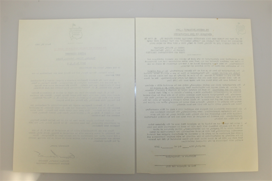 1959 Augusta National Masters Tournament Press, Radio, & TV Release & Photographers Agreement