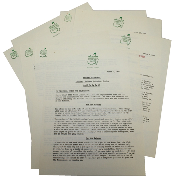 Four 1960 Augusta National Golf Club Masters Tournament Press Releases - 8 Pages