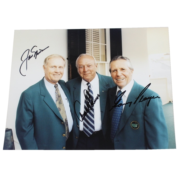 'Big 3' Arnold Palmer, Jack Nicklaus, & Gary Player Signed Photo in Green Jackets JSA ALOA