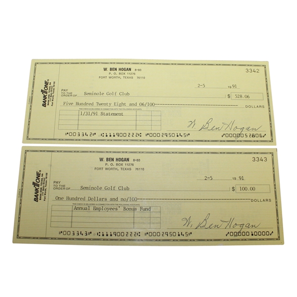 Two Ben Hogan Signed BankOne Checks - Pay to the Order of Seminole GC JSA ALOA