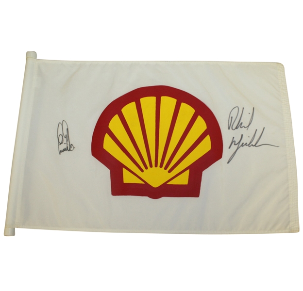Phil Mickelson & Ernie Els Signed Shell World of Golf Match Used Flag JSA ALOA