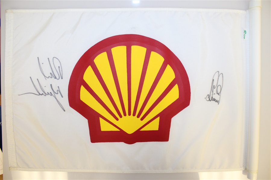 Phil Mickelson & Ernie Els Signed Shell World of Golf Match Used Flag JSA ALOA