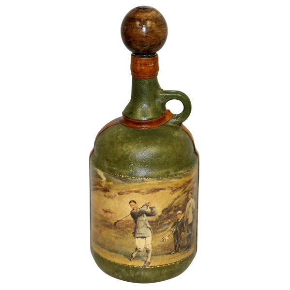 Vintage Fausto Conturi Italian Leather Wrapped Golf Themed Jug Decanter with Stopper