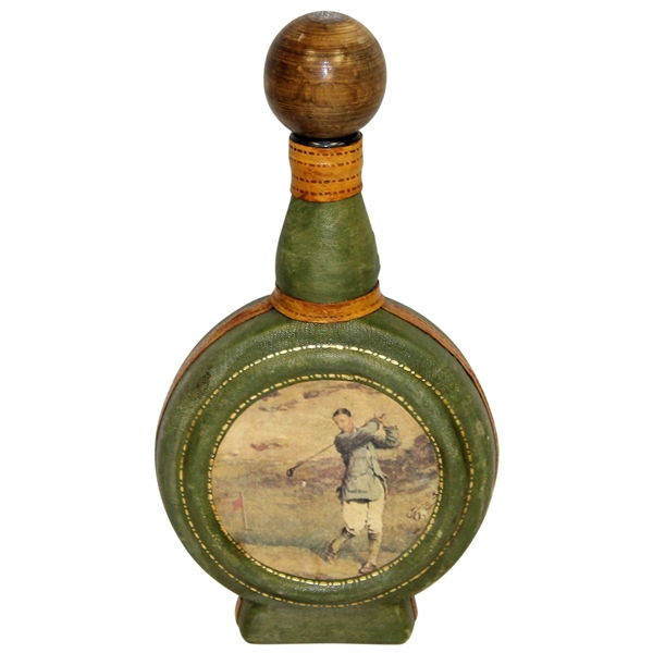 Vintage Fausto Conturi Italian Leather Wrapped Golf Themed Circular Decanter with Stopper