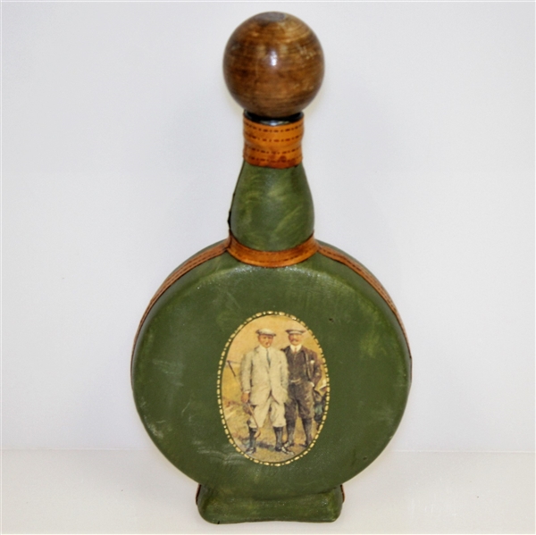 Vintage Fausto Conturi Italian Leather Wrapped Golf Themed Circular Decanter with Stopper