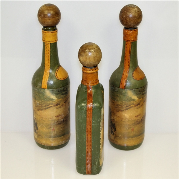 Vintage Fausto Conturi Italian Leather Wrapped Golf Themed Wine Bottles with Flask - Stopper