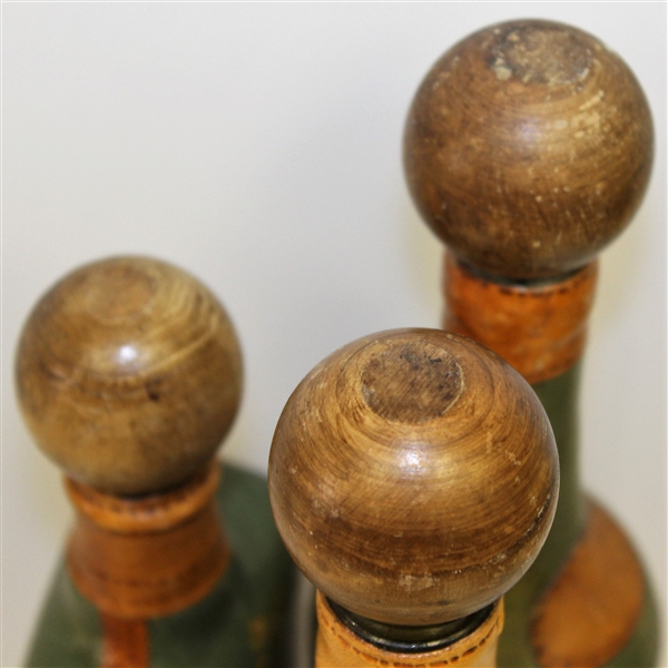 Vintage Fausto Conturi Italian Leather Wrapped Golf Themed Wine Bottles with Flask - Stopper