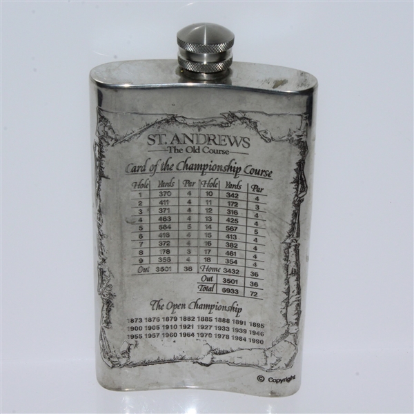 St. Andrews 'The Old Course' Pewter Flask with Course Layout - Good Condition with Funnel & Box