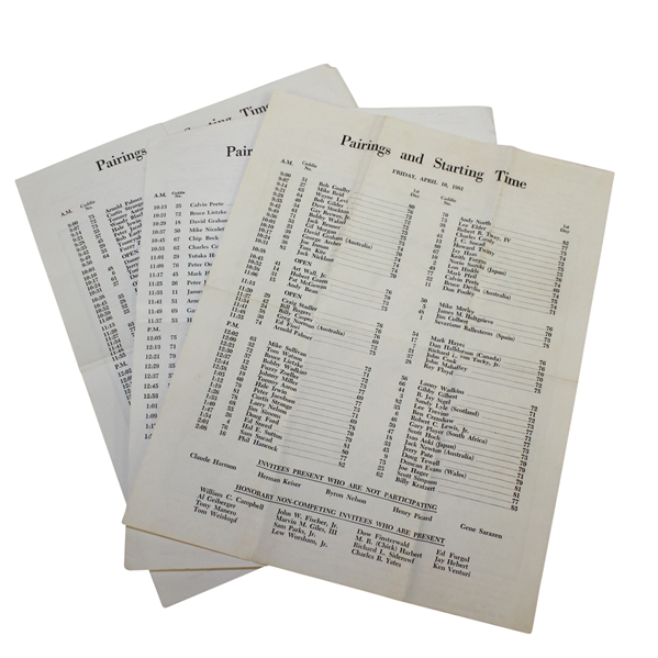 Three Masters Tournament Pairing Sheets - 1981 Friday, 1983 Monday, 1985 Friday - Roth Collection