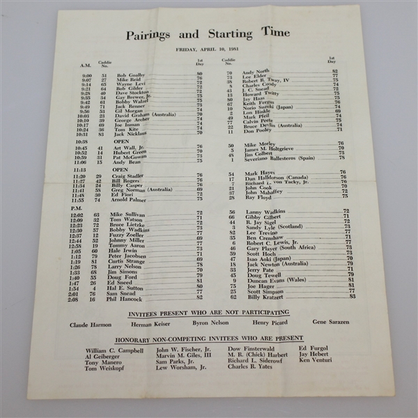 Three Masters Tournament Pairing Sheets - 1981 Friday, 1983 Monday, 1985 Friday - Roth Collection