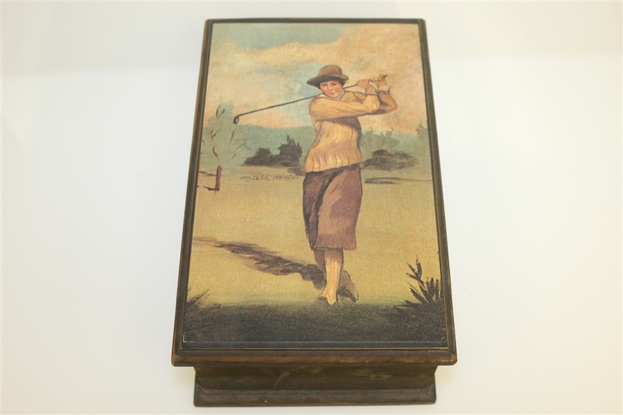 Wood Box Depicting Vintage Woman Golfer - Removable Lid - 1991