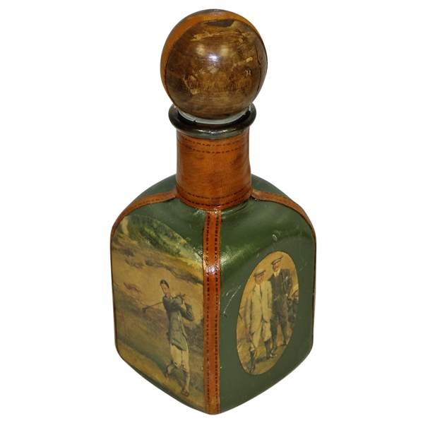 Vintage Fausto Conturi Italian Leather Wrapped Golf Themed Square Decanter with Stopper