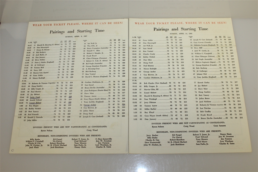 Fourteen Masters Final Round Pairing Sheets - Various Years - 1967-1989