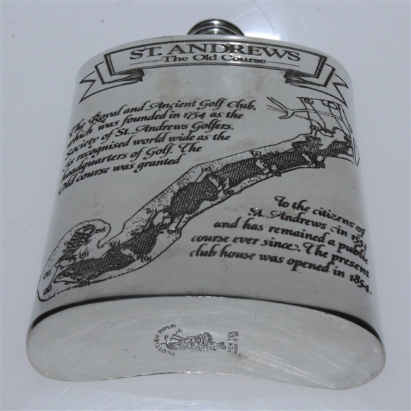 St. Andrews 'The Old Course' Pewter Flask with Course Layout - Good Condition with Funnel & Box