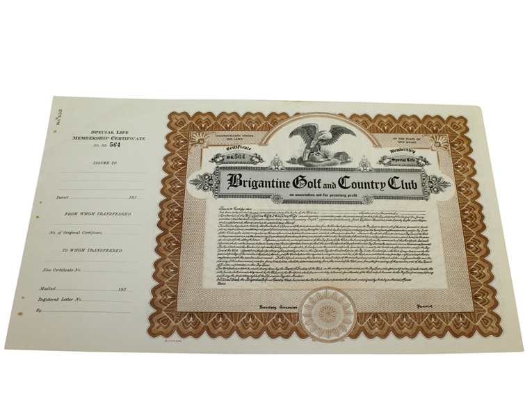 1930's Brigantine Golf and Country Club Special Life Membership Certificate