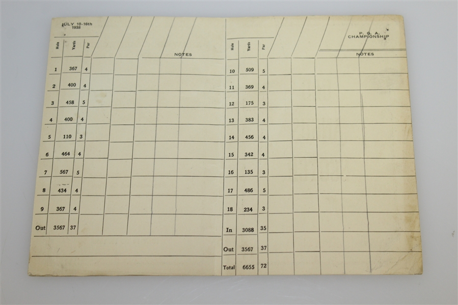 1938 PGA Championship at Shawnee Country Club Scorecard - Paul Runyan Winner