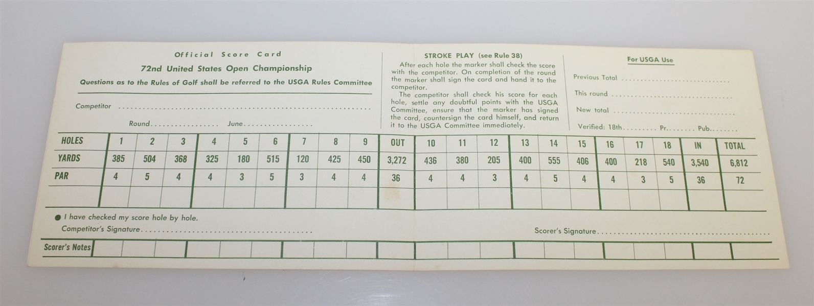 1972 US Open at Pebble Beach Official Scorecard - Jack Nicklaus Win