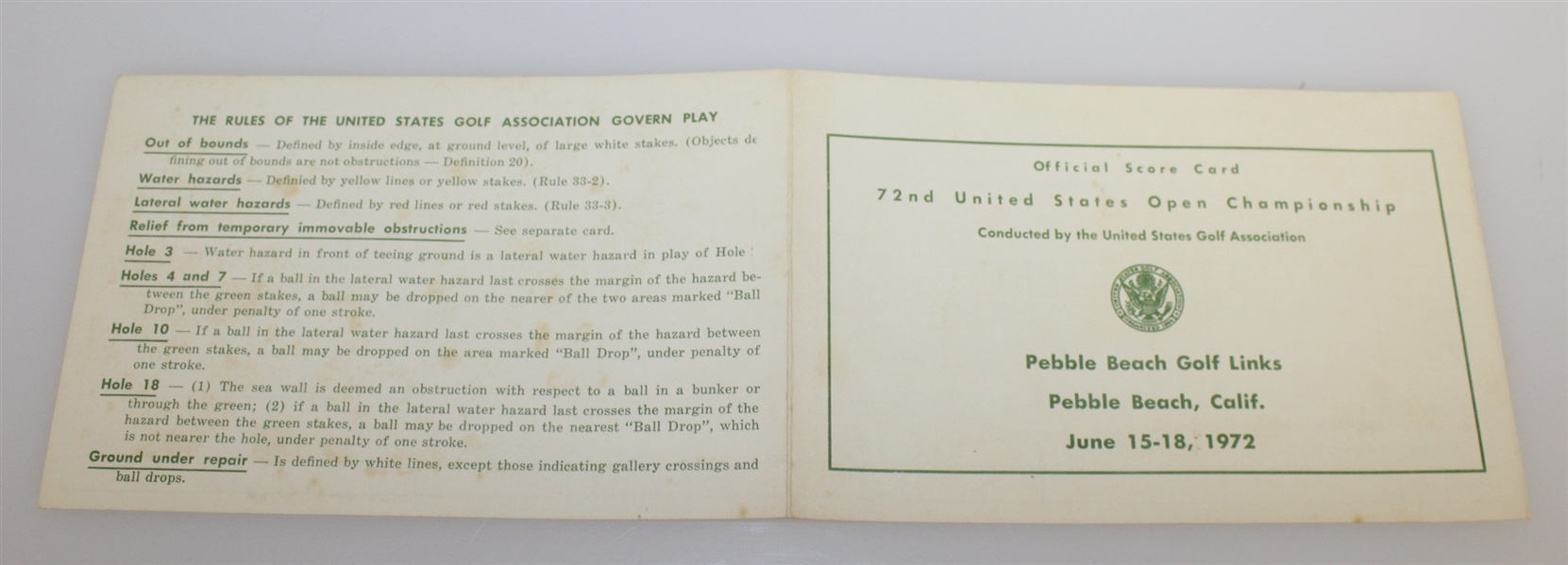 1972 US Open at Pebble Beach Official Scorecard - Jack Nicklaus Win