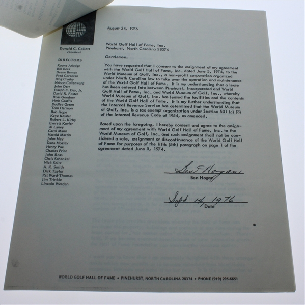 Ben Hogan Signed 1976 World Golf Hall of Fame Consent Form JSA ALOA