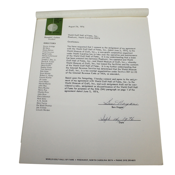 Ben Hogan Signed 1976 World Golf Hall of Fame Consent Form JSA ALOA