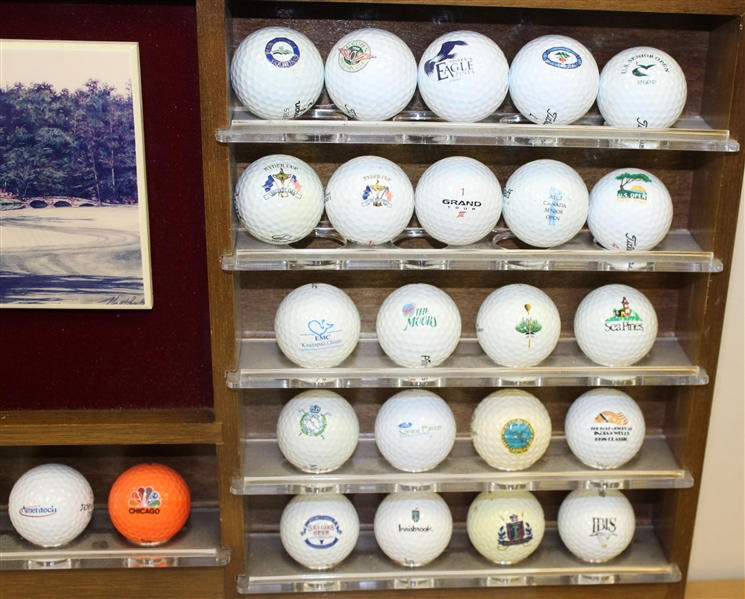 Large Wooden Golf Ball Rack and 49 Logo Golf Balls - Rack Depicts Augusta National Hole