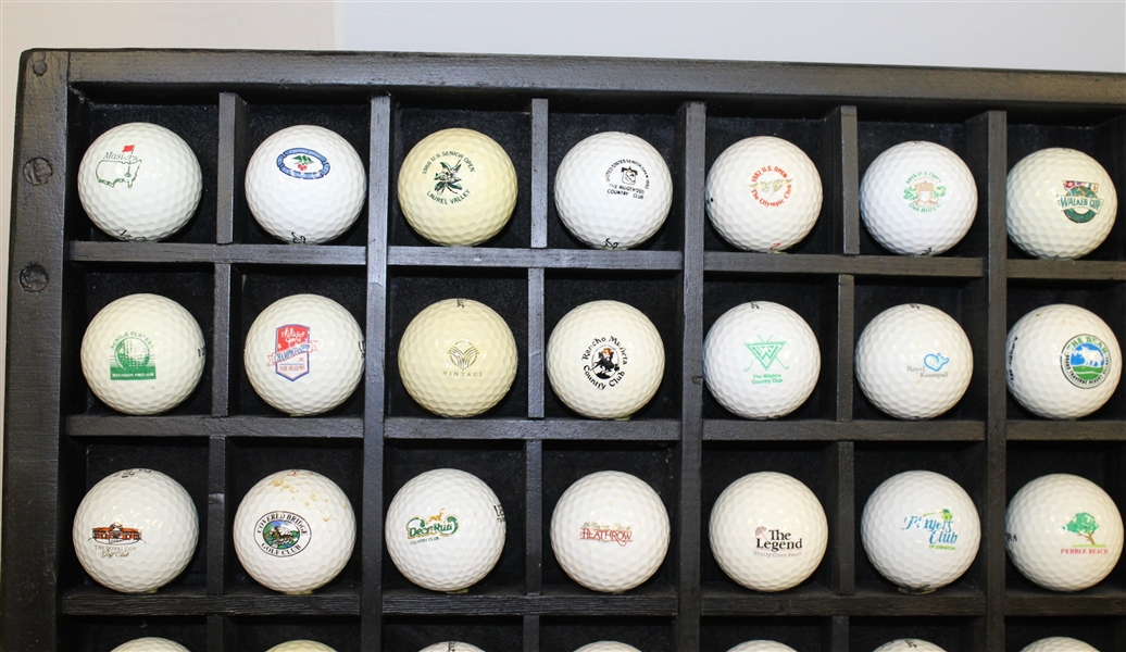 Large Black Wooden Golf Ball Holder and 83 Logo Golf Balls