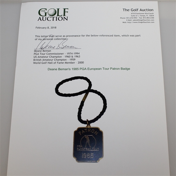 1985 PGA European Tour Patron Badge - Deane Beman Collection