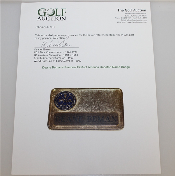 Deane Beman's Personal PGA of America Undated Name Badge