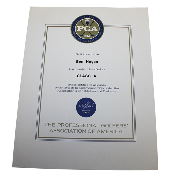 Ben Hogan's Class A PGA Certificate - 1993